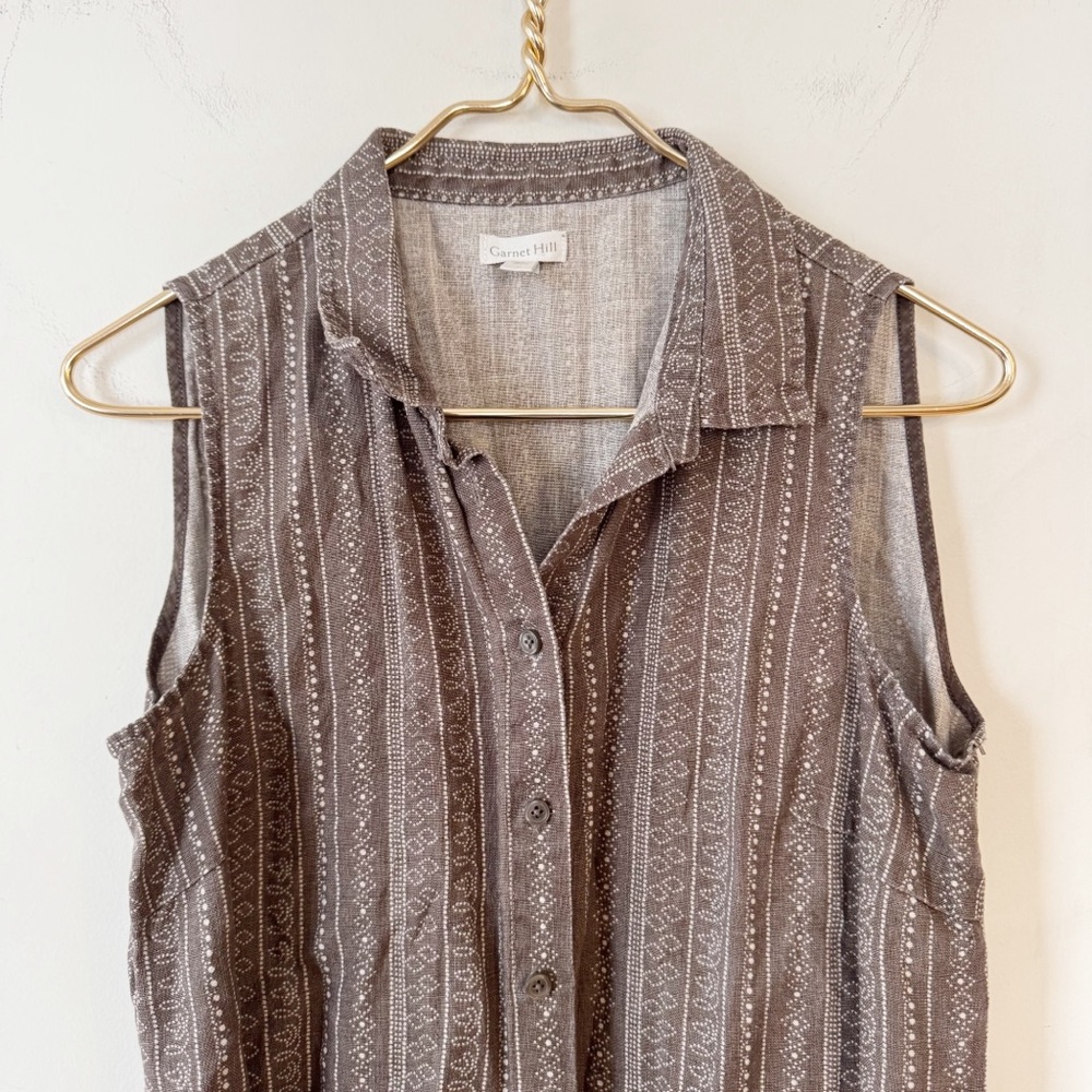 Garnet Hill Putty Brown Batik Stripe Linen Sleeveless Shirt Dress 8 - Picture 4 of 7